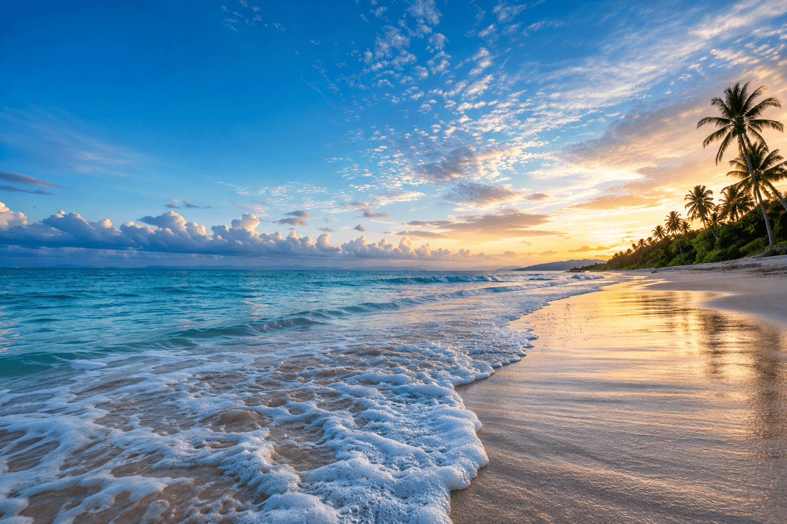 Tropical beach sunset with golden sky reflecting on wet sand
