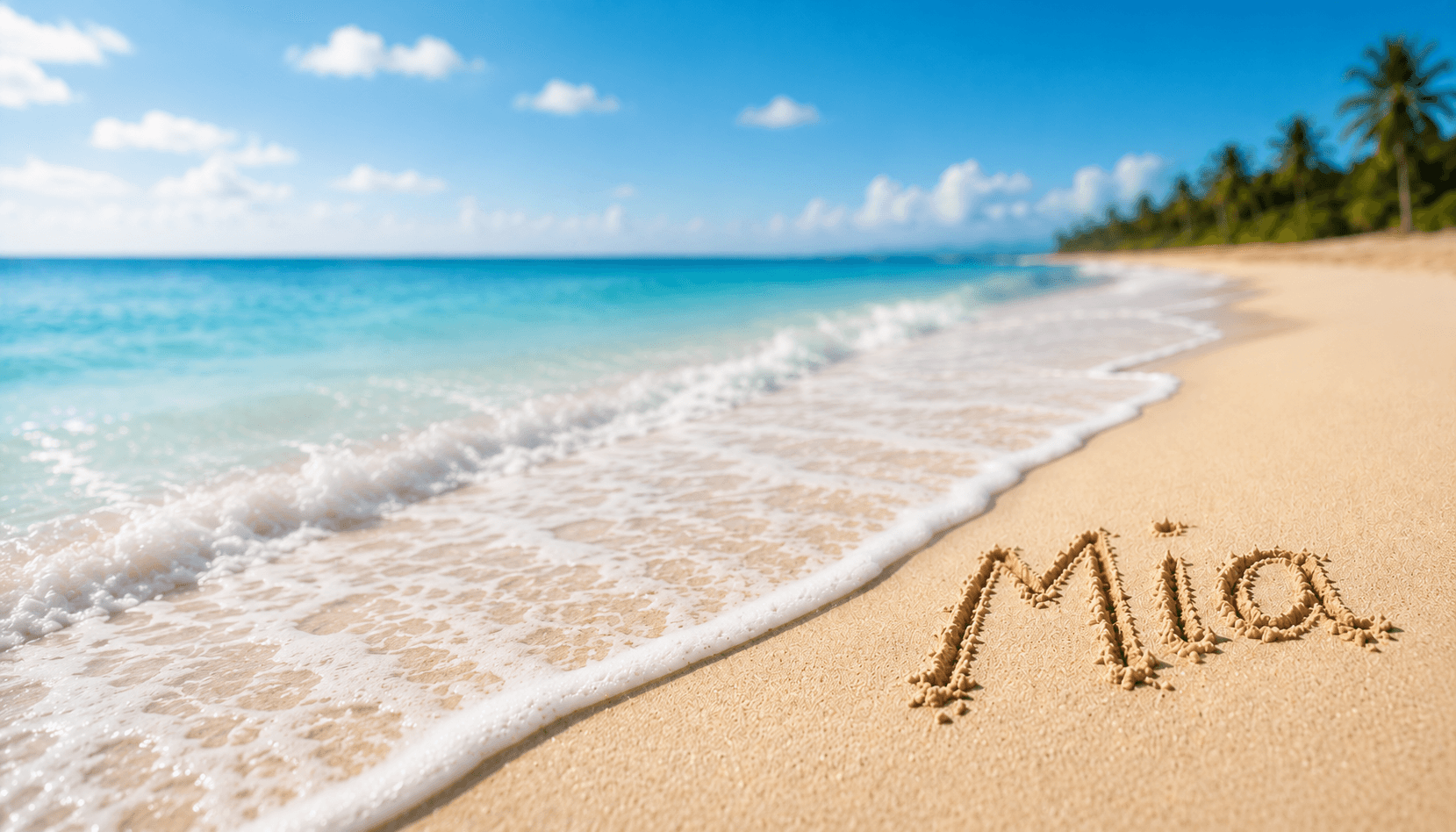 Mia written in beach sand with turquoise ocean waves